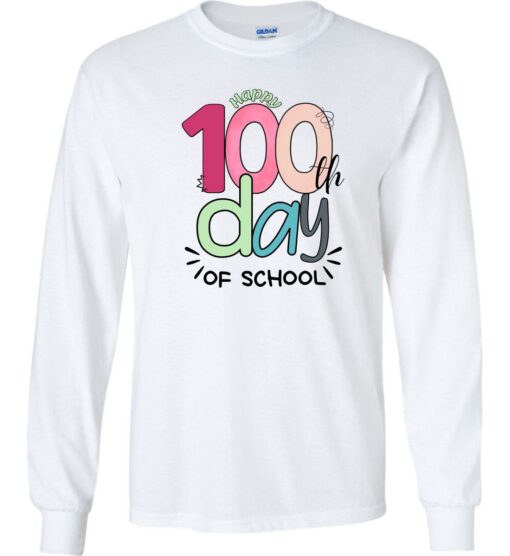 White Long Sleeve T-Shirt (Happy 100th Day (Design 'B')